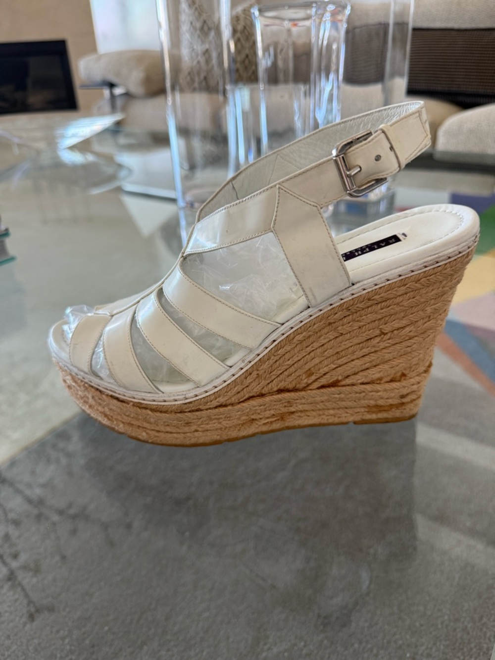 Ralph Lauren White Leather Espadrille Wedge Sandals